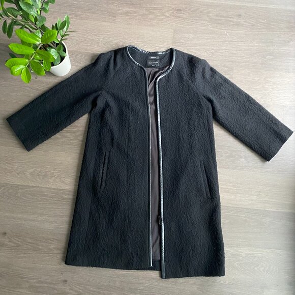 Club Monaco Black Italian Wool Bracelet-Sleeve Coat with Lamb Leather Trim - Picture 1 of 13